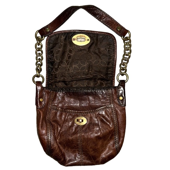 Fossil Maddox Brown Distressed Leather Long Live Vintage Chain Strap Baguette - Picture 13 of 16